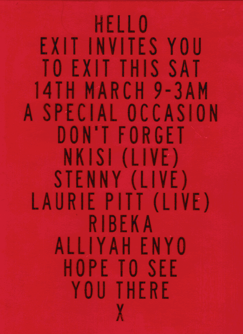 2026-03-14 DON'T FORGET TO EXIT ~ Nkisi (Live), Stenny (Live), Laurie Pitt (Live), Ribeka, Alliyah Enyo